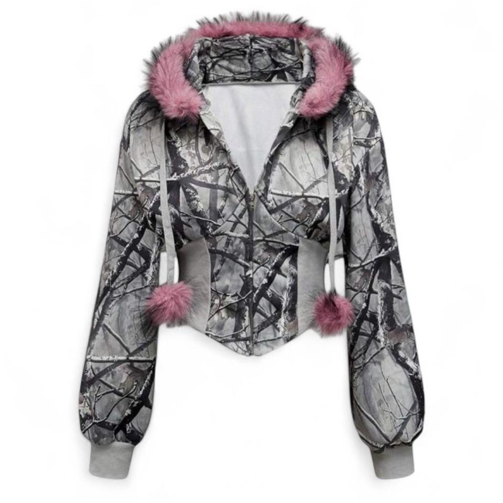 Women's Camouflage Jacket with Pink Fur Trim